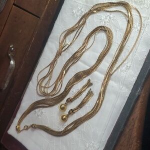 34" 7 strand Goldstone serpentine necklace & earrings Dx754